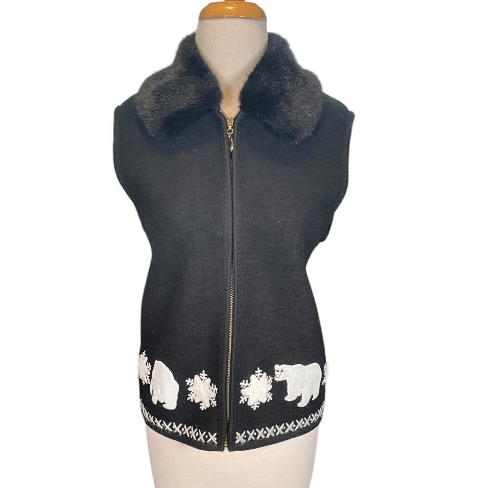 Vintage Eminent By Lisa Sweater Vest Women Small Black Boiled Wool Polar Bear